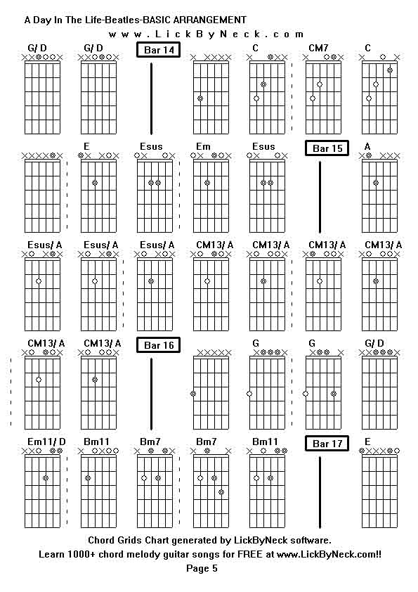 Chord Grids Chart of chord melody fingerstyle guitar song-A Day In The Life-Beatles-BASIC ARRANGEMENT,generated by LickByNeck software.